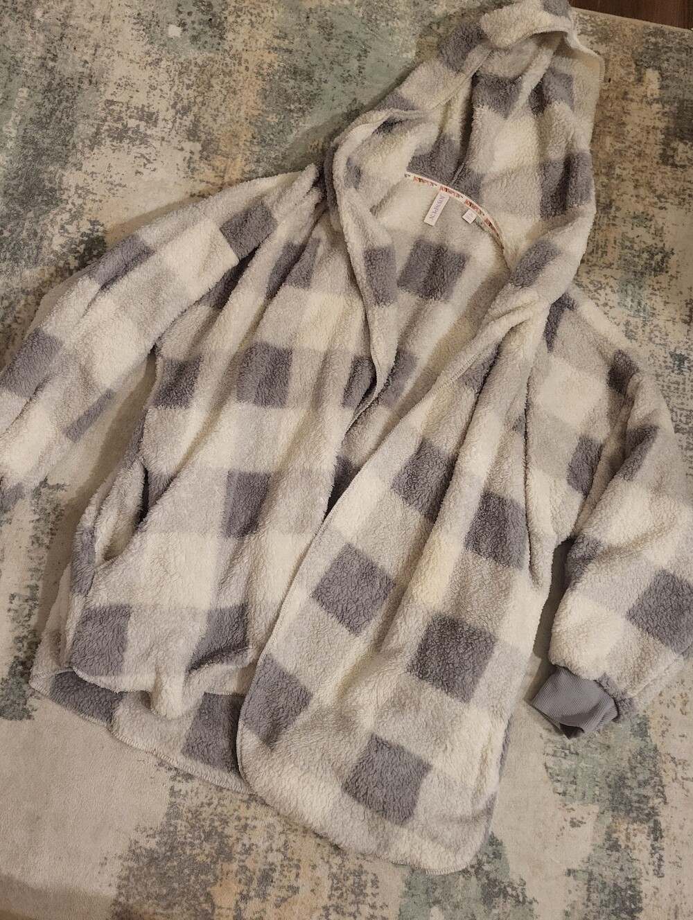 Cozy Hooded Checkered Sherpa Puffer in Gray and Cream